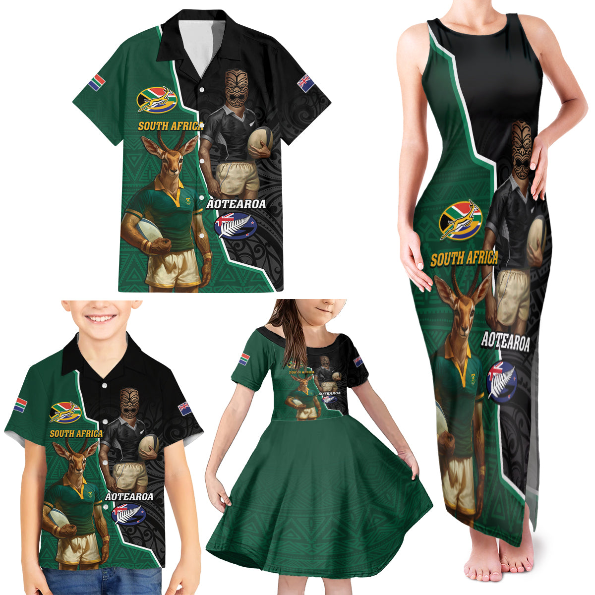 Personalised New Zealand And South Africa Rugby Family Matching Tank Maxi Dress and Hawaiian Shirt 2024 All Black Springboks Mascots Together LT14 - Polynesian Pride