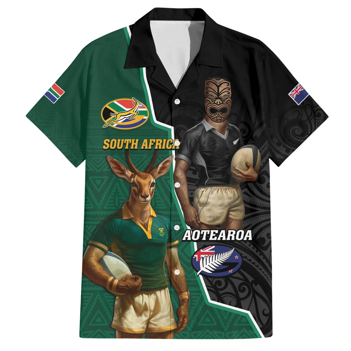 Personalised New Zealand And South Africa Rugby Hawaiian Shirt 2024 All Black Springboks Mascots Together LT14 Green - Polynesian Pride