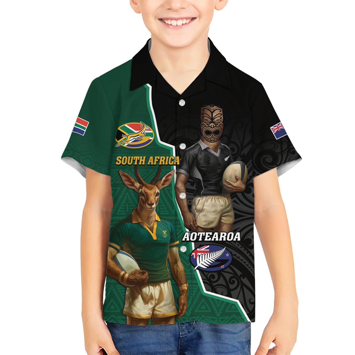 Personalised New Zealand And South Africa Rugby Hawaiian Shirt 2024 All Black Springboks Mascots Together LT14 - Polynesian Pride