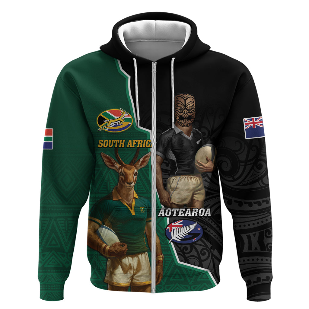 Personalised New Zealand And South Africa Rugby Hoodie 2024 All Black Springboks Mascots Together LT14 Zip Hoodie Green - Polynesian Pride