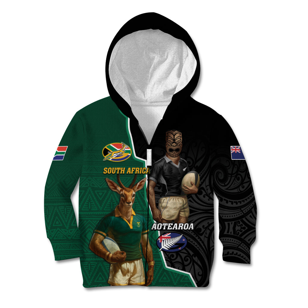 Personalised New Zealand And South Africa Rugby Kid Hoodie 2024 All Black Springboks Mascots Together LT14 Zip Hoodie Green - Polynesian Pride