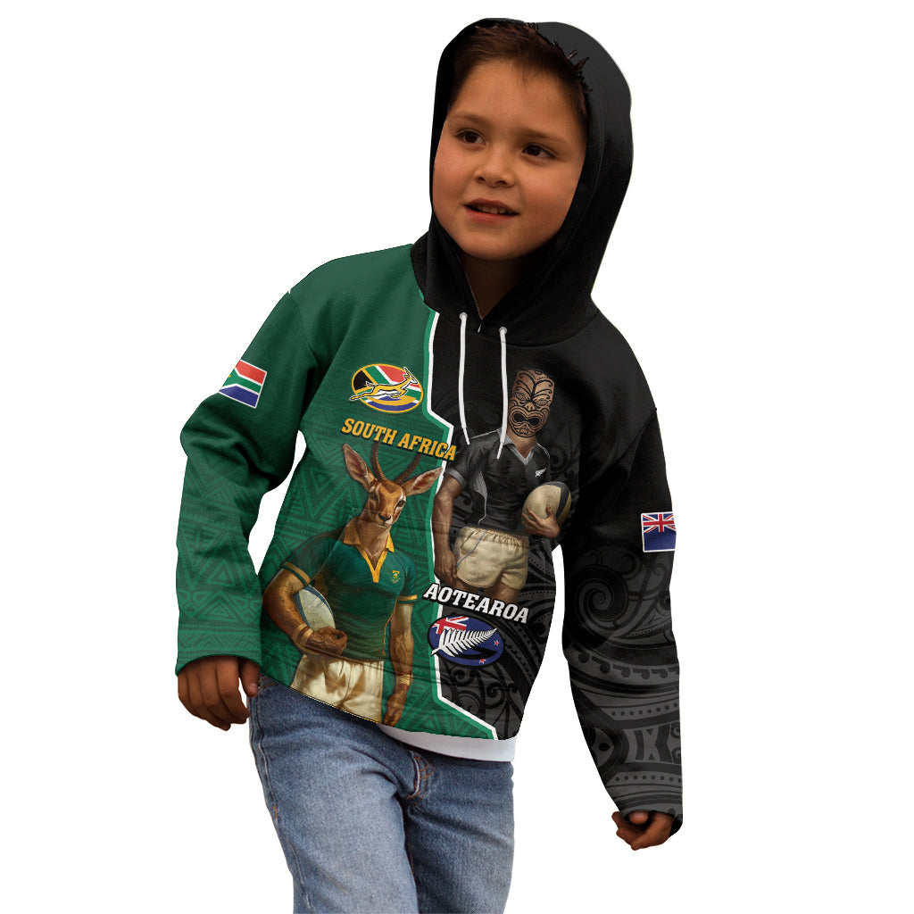 Personalised New Zealand And South Africa Rugby Kid Hoodie 2024 All Black Springboks Mascots Together LT14 - Polynesian Pride