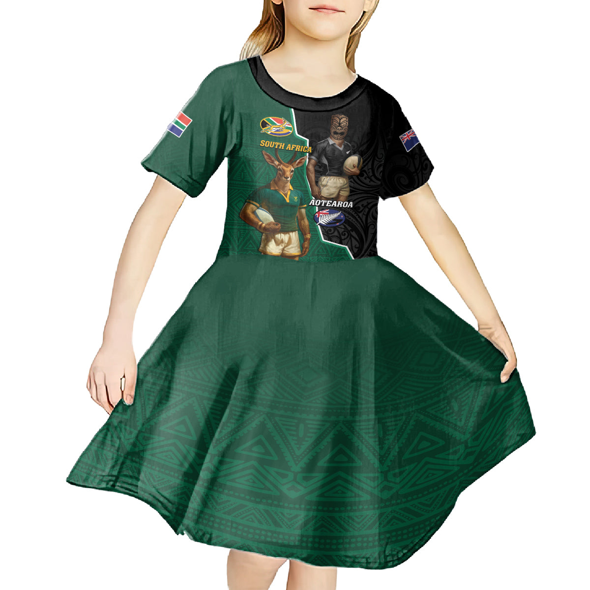 Personalised New Zealand And South Africa Rugby Kid Short Sleeve Dress 2024 All Black Springboks Mascots Together LT14 - Polynesian Pride