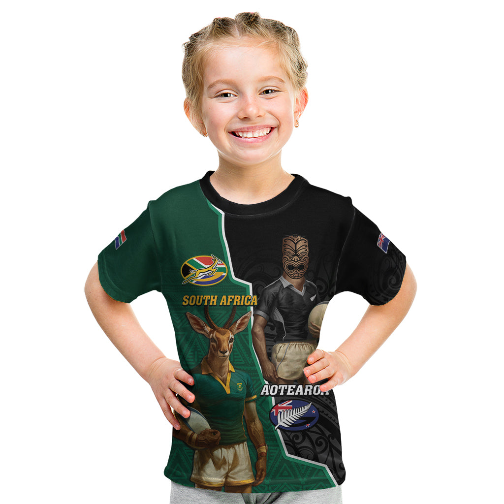 Personalised New Zealand And South Africa Rugby Kid T Shirt 2024 All Black Springboks Mascots Together LT14 Green - Polynesian Pride