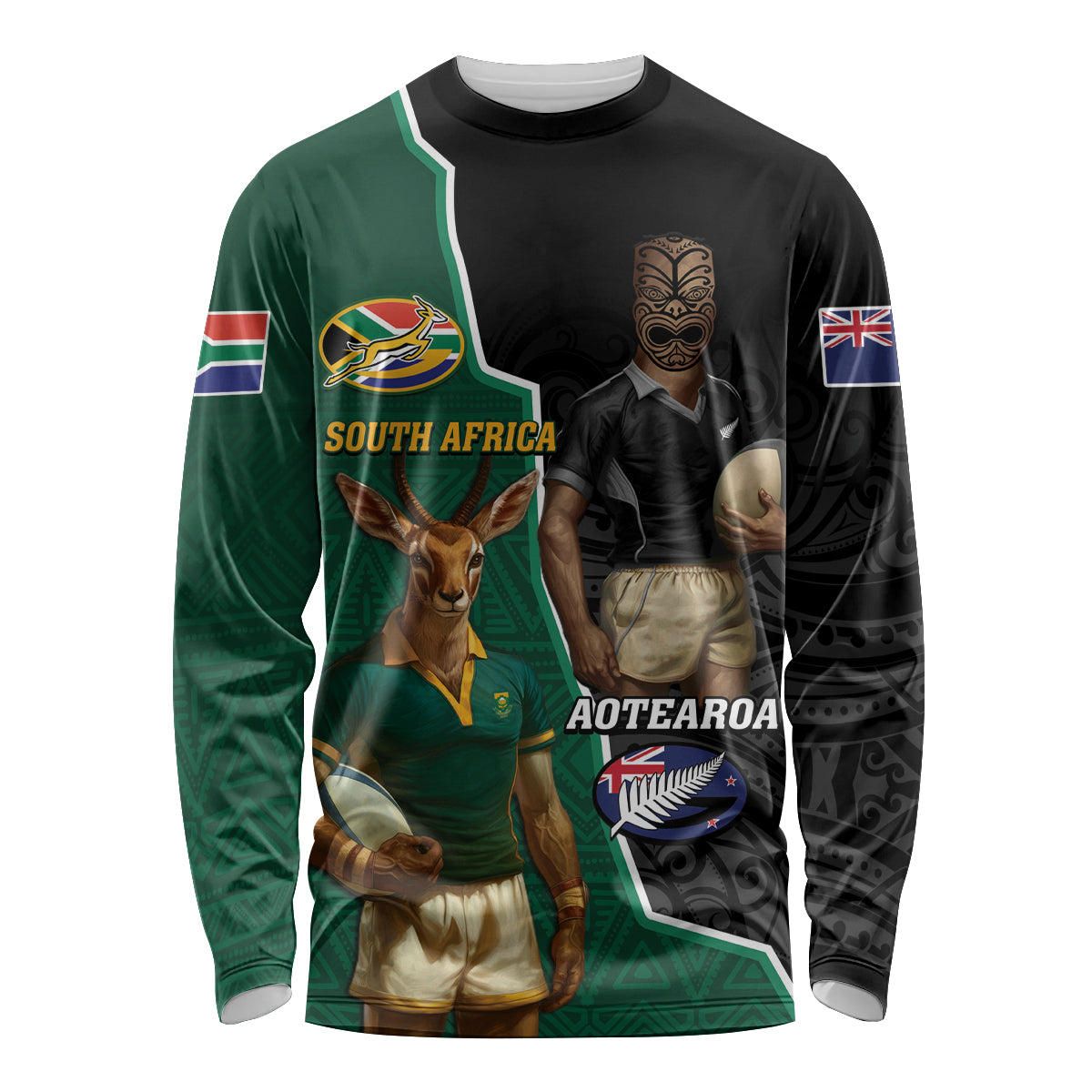 Personalised New Zealand And South Africa Rugby Long Sleeve Shirt 2024 All Black Springboks Mascots Together LT14 Unisex Green - Polynesian Pride
