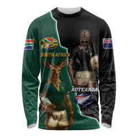 Personalised New Zealand And South Africa Rugby Long Sleeve Shirt 2024 All Black Springboks Mascots Together LT14 Unisex Green - Polynesian Pride