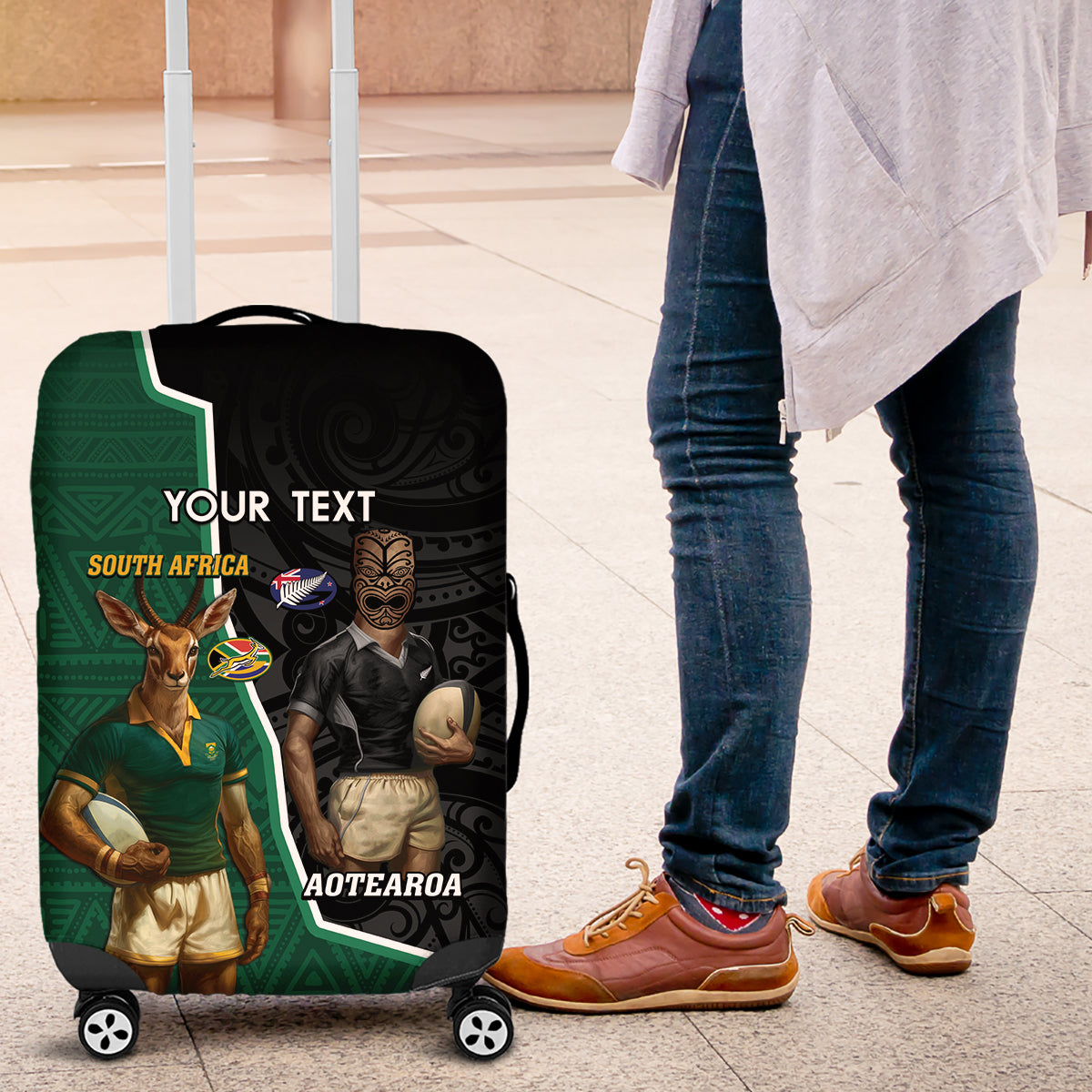 Personalised New Zealand And South Africa Rugby Luggage Cover 2024 All Black Springboks Mascots Together LT14 Green - Polynesian Pride