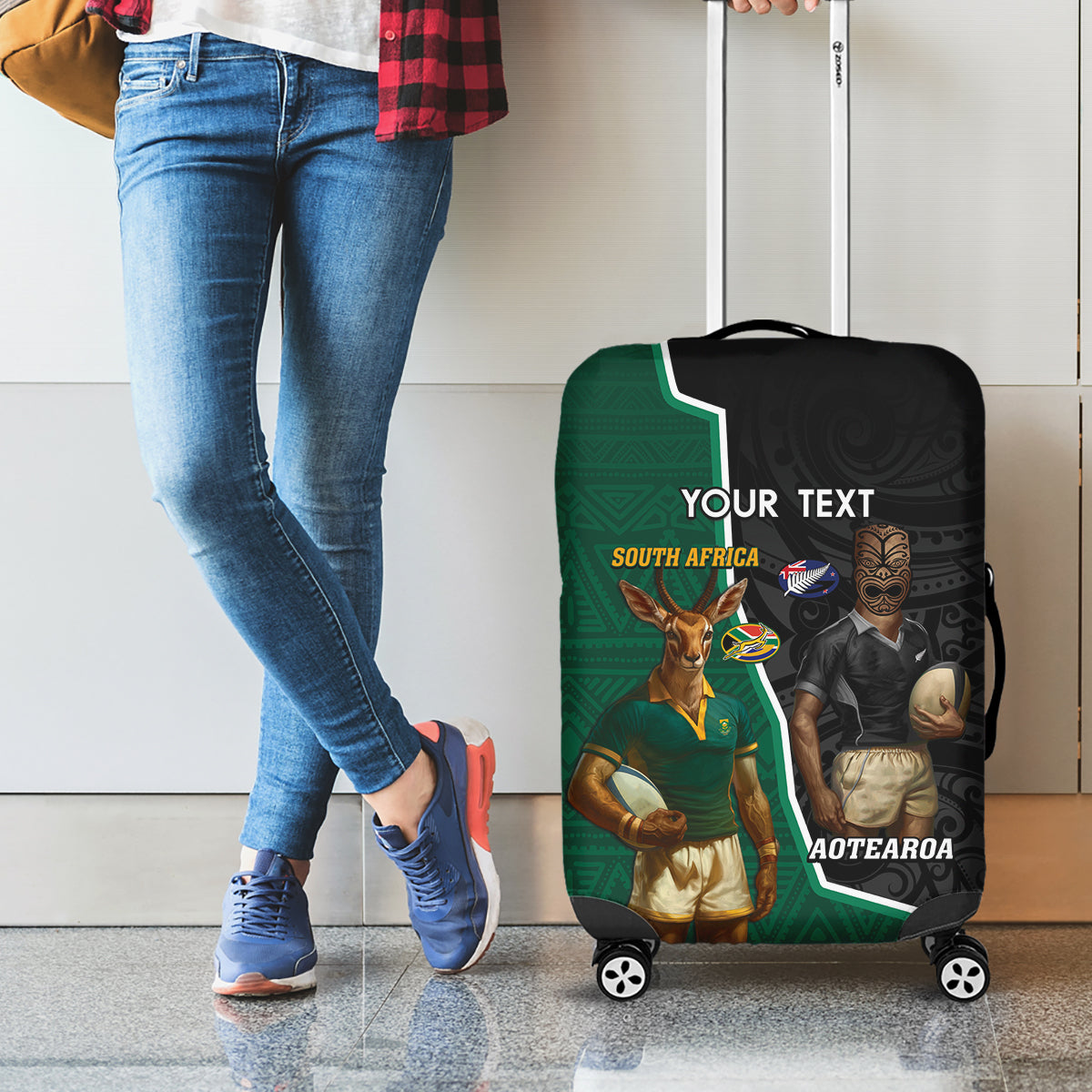 Personalised New Zealand And South Africa Rugby Luggage Cover 2024 All Black Springboks Mascots Together LT14 - Polynesian Pride