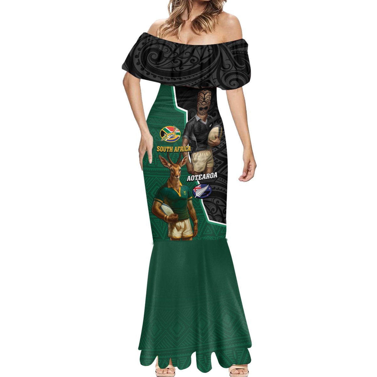 Personalised New Zealand And South Africa Rugby Mermaid Dress 2024 All Black Springboks Mascots Together LT14 - Polynesian Pride