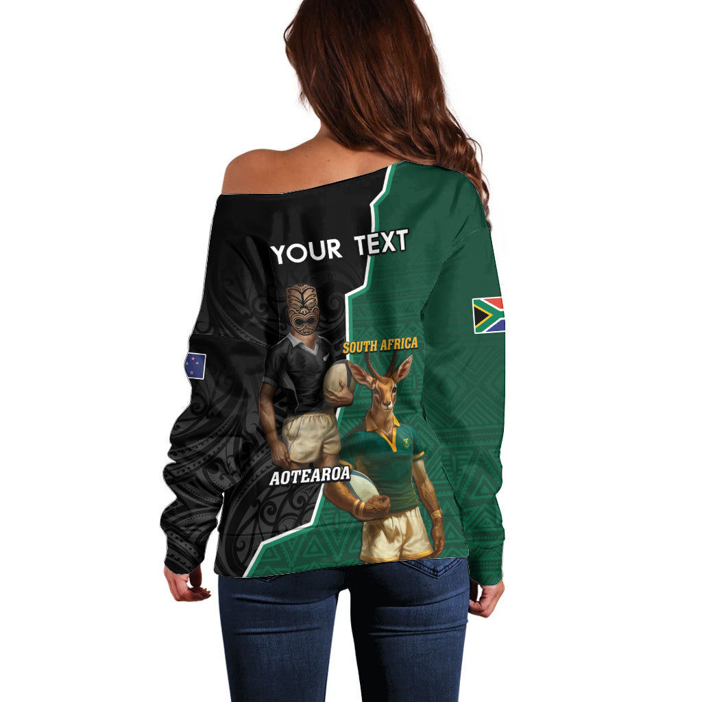 Personalised New Zealand And South Africa Rugby Off Shoulder Sweater 2024 All Black Springboks Mascots Together