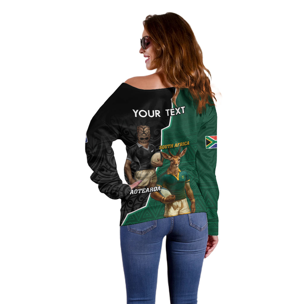 Personalised New Zealand And South Africa Rugby Off Shoulder Sweater 2024 All Black Springboks Mascots Together