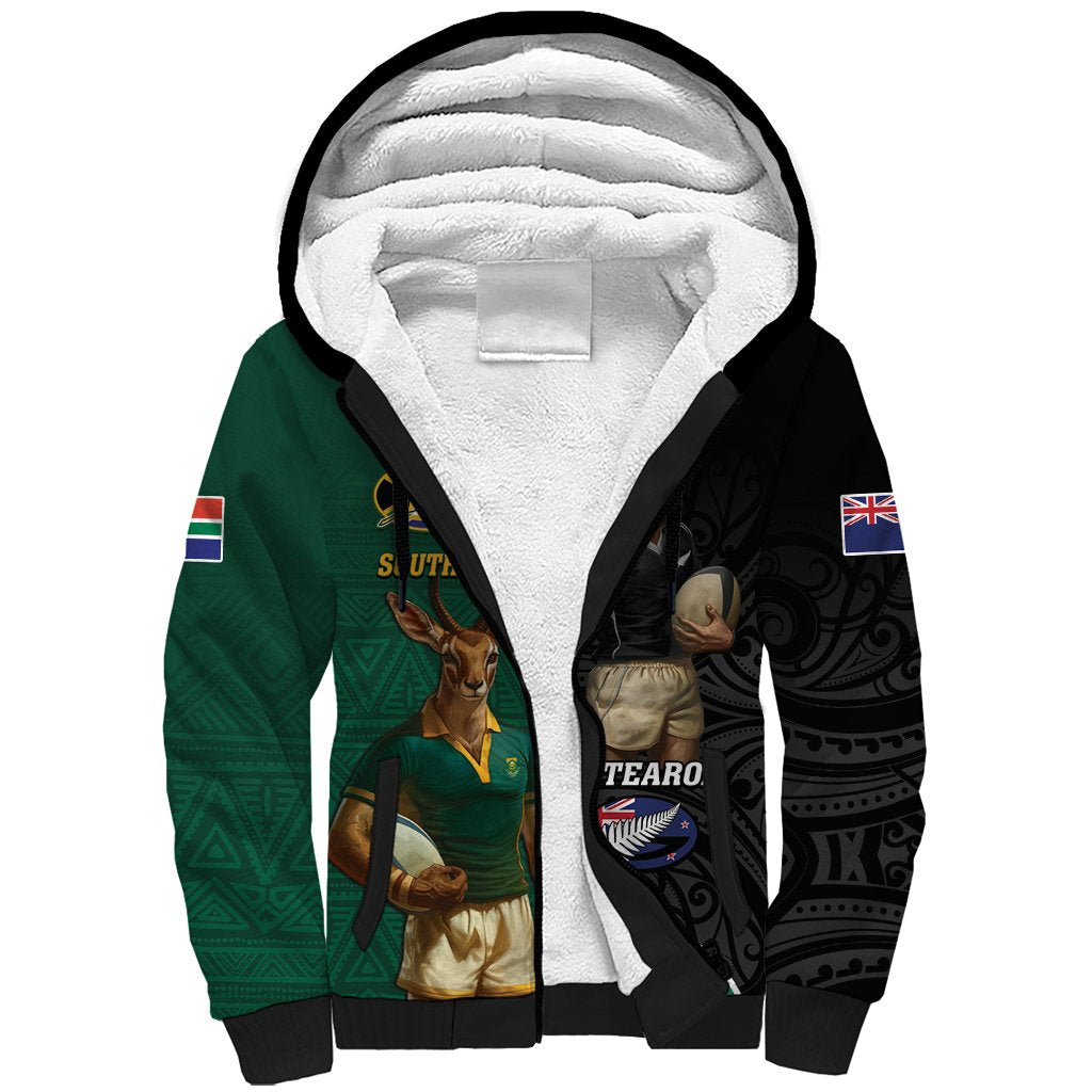 Personalised New Zealand And South Africa Rugby Sherpa Hoodie 2024 All Black Springboks Mascots Together LT14 Unisex Green - Polynesian Pride