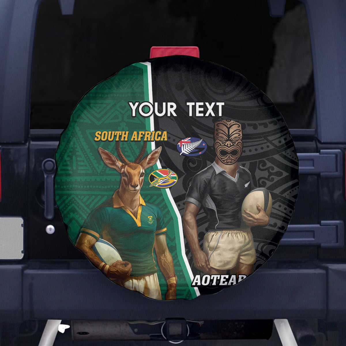 Personalised New Zealand And South Africa Rugby Spare Tire Cover 2024 All Black Springboks Mascots Together