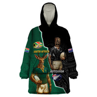 Personalised New Zealand And South Africa Rugby Wearable Blanket Hoodie 2024 All Black Springboks Mascots Together LT14 One Size Green - Polynesian Pride
