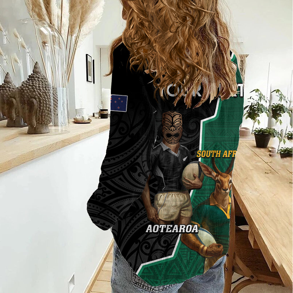 Personalised New Zealand And South Africa Rugby Women Casual Shirt 2024 All Black Springboks Mascots Together LT14 - Polynesian Pride