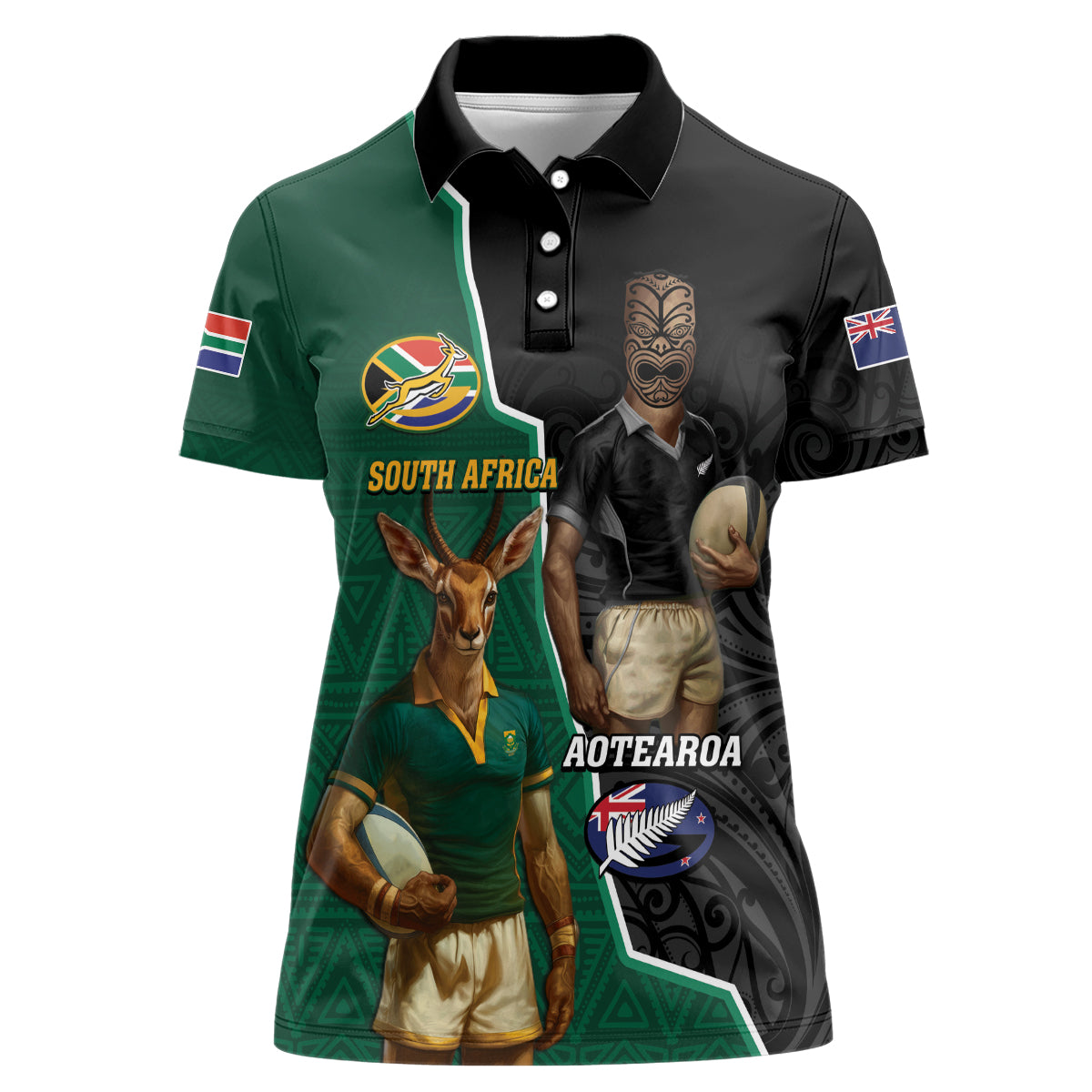 Personalised New Zealand And South Africa Rugby Women Polo Shirt 2024 All Black Springboks Mascots Together LT14 Female Green - Polynesian Pride