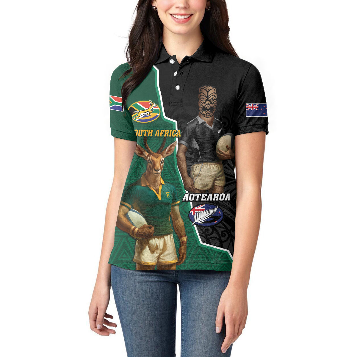 Personalised New Zealand And South Africa Rugby Women Polo Shirt 2024 All Black Springboks Mascots Together LT14 - Polynesian Pride