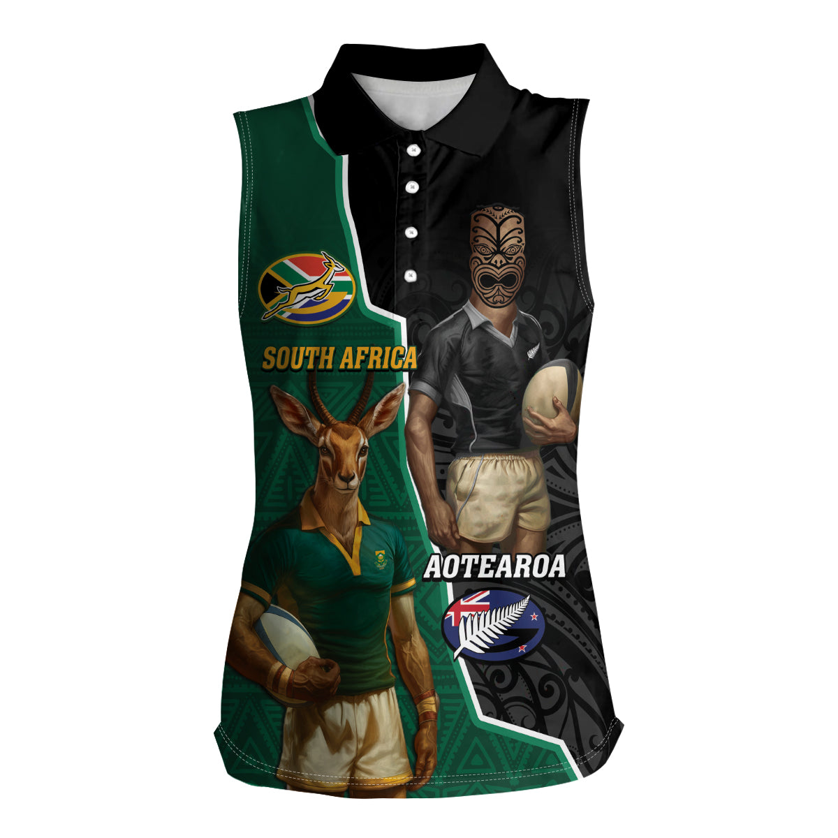Personalised New Zealand And South Africa Rugby Women Sleeveless Polo Shirt 2024 All Black Springboks Mascots Together LT14 Female Green - Polynesian Pride