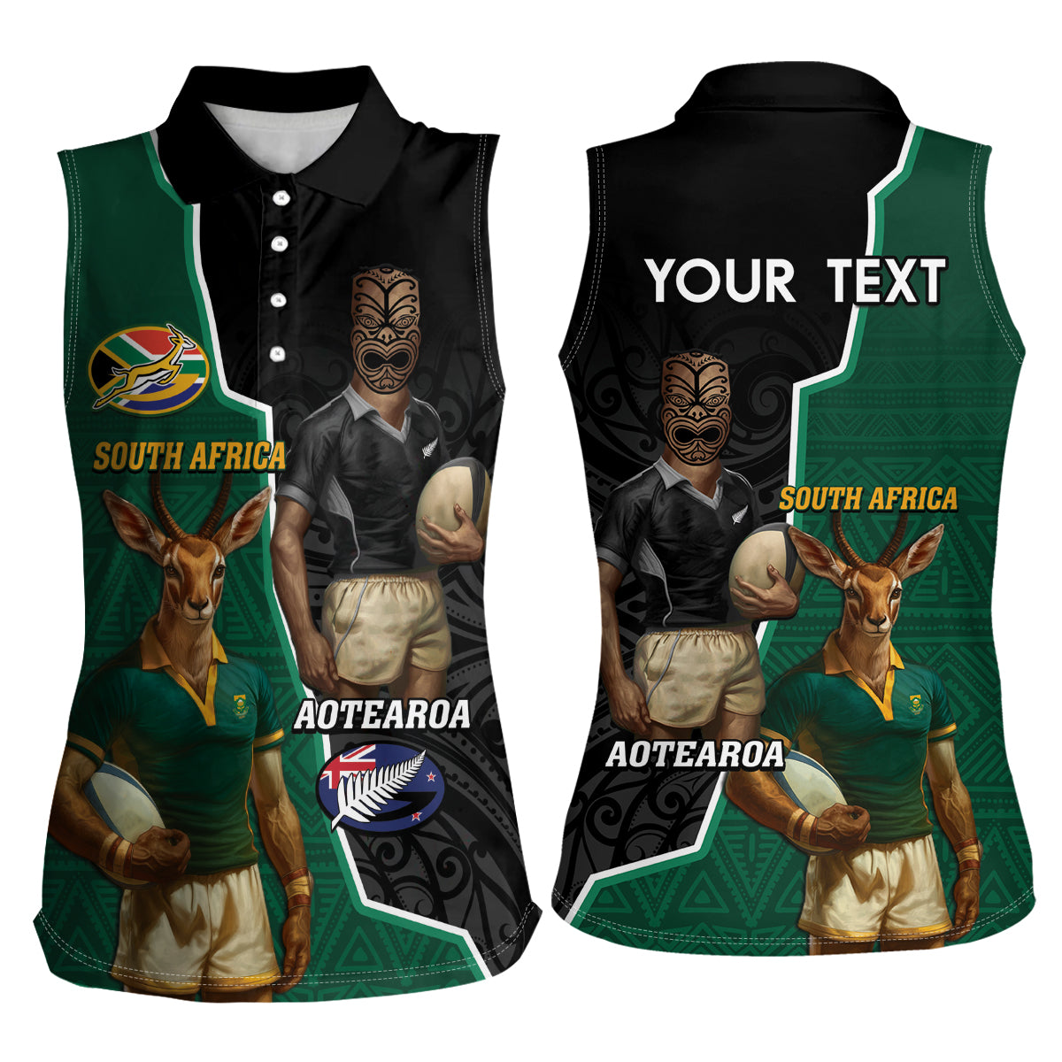 Personalised New Zealand And South Africa Rugby Women Sleeveless Polo Shirt 2024 All Black Springboks Mascots Together LT14 - Polynesian Pride