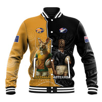 Personalised New Zealand And Australia Rugby Baseball Jacket 2024 All Black Wallabies Mascots Together LT14 Unisex Black - Polynesian Pride