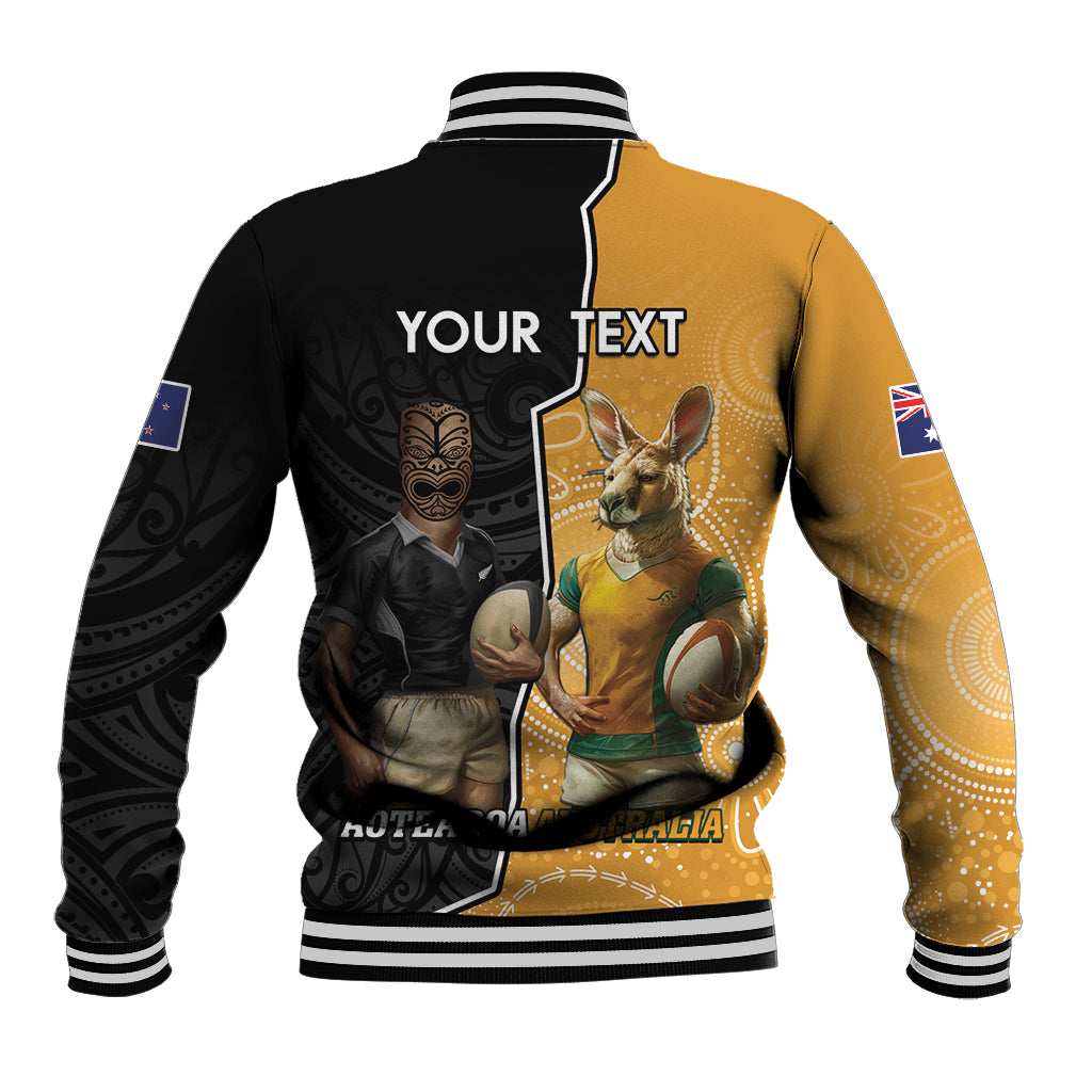 Personalised New Zealand And Australia Rugby Baseball Jacket 2024 All Black Wallabies Mascots Together LT14 - Polynesian Pride