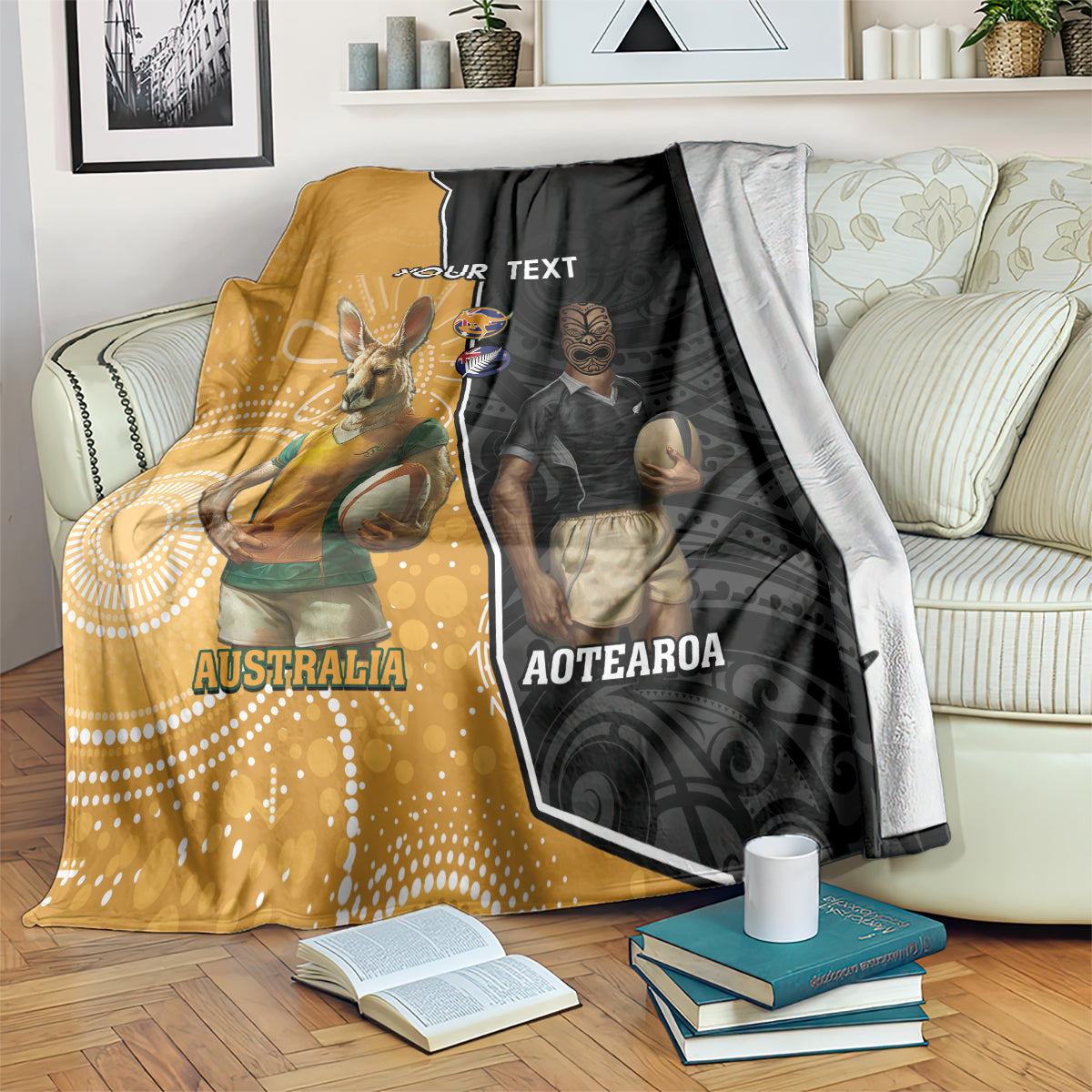 Personalised New Zealand And Australia Rugby Blanket 2024 All Black Wallabies Mascots Together LT14 Black - Polynesian Pride