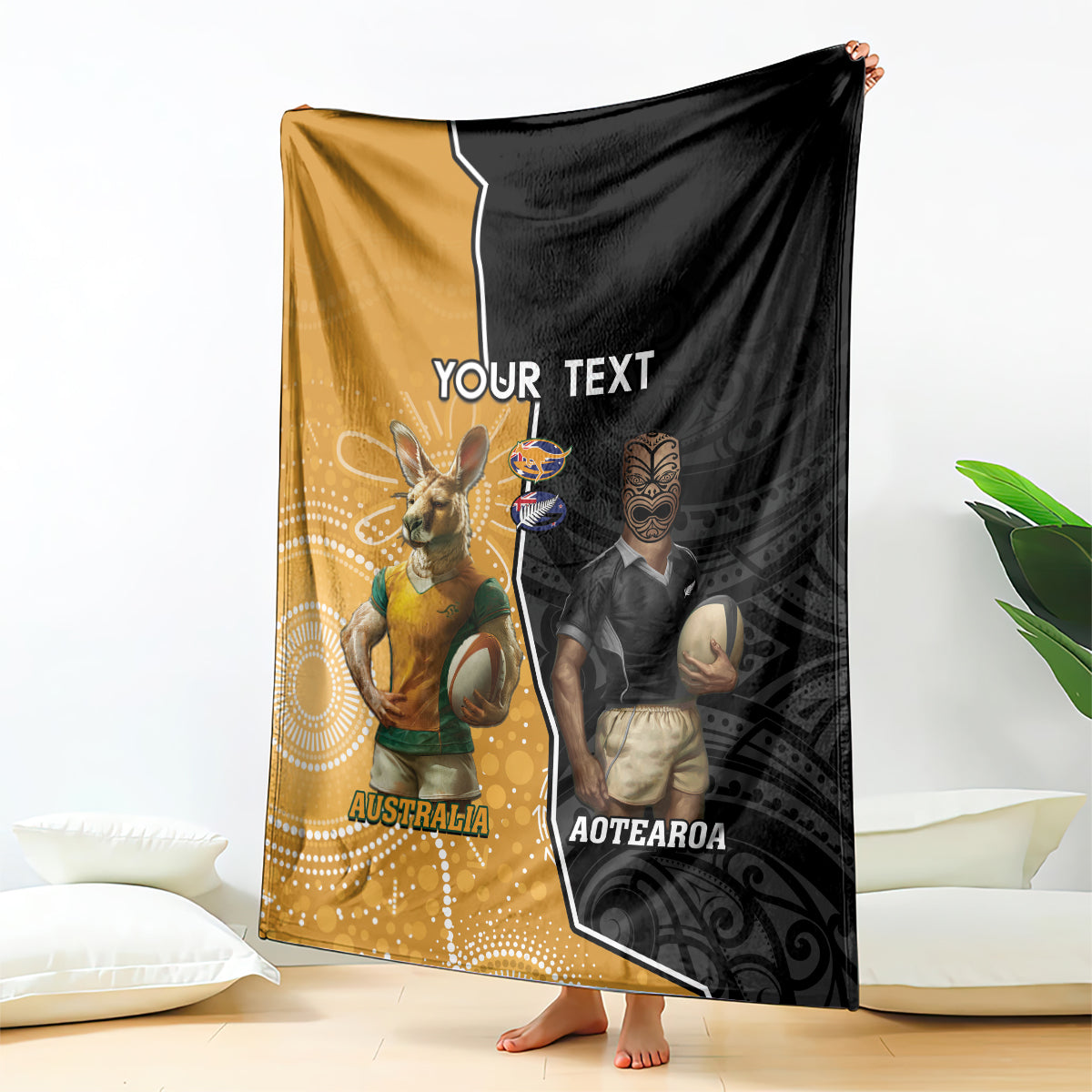 Personalised New Zealand And Australia Rugby Blanket 2024 All Black Wallabies Mascots Together LT14 - Polynesian Pride