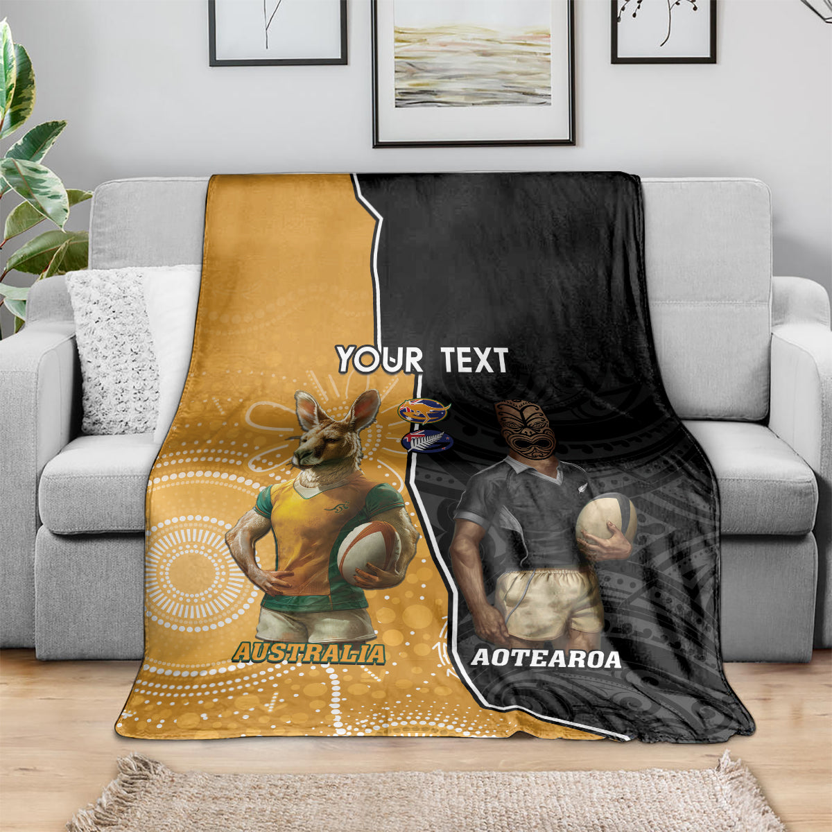 Personalised New Zealand And Australia Rugby Blanket 2024 All Black Wallabies Mascots Together LT14 - Polynesian Pride