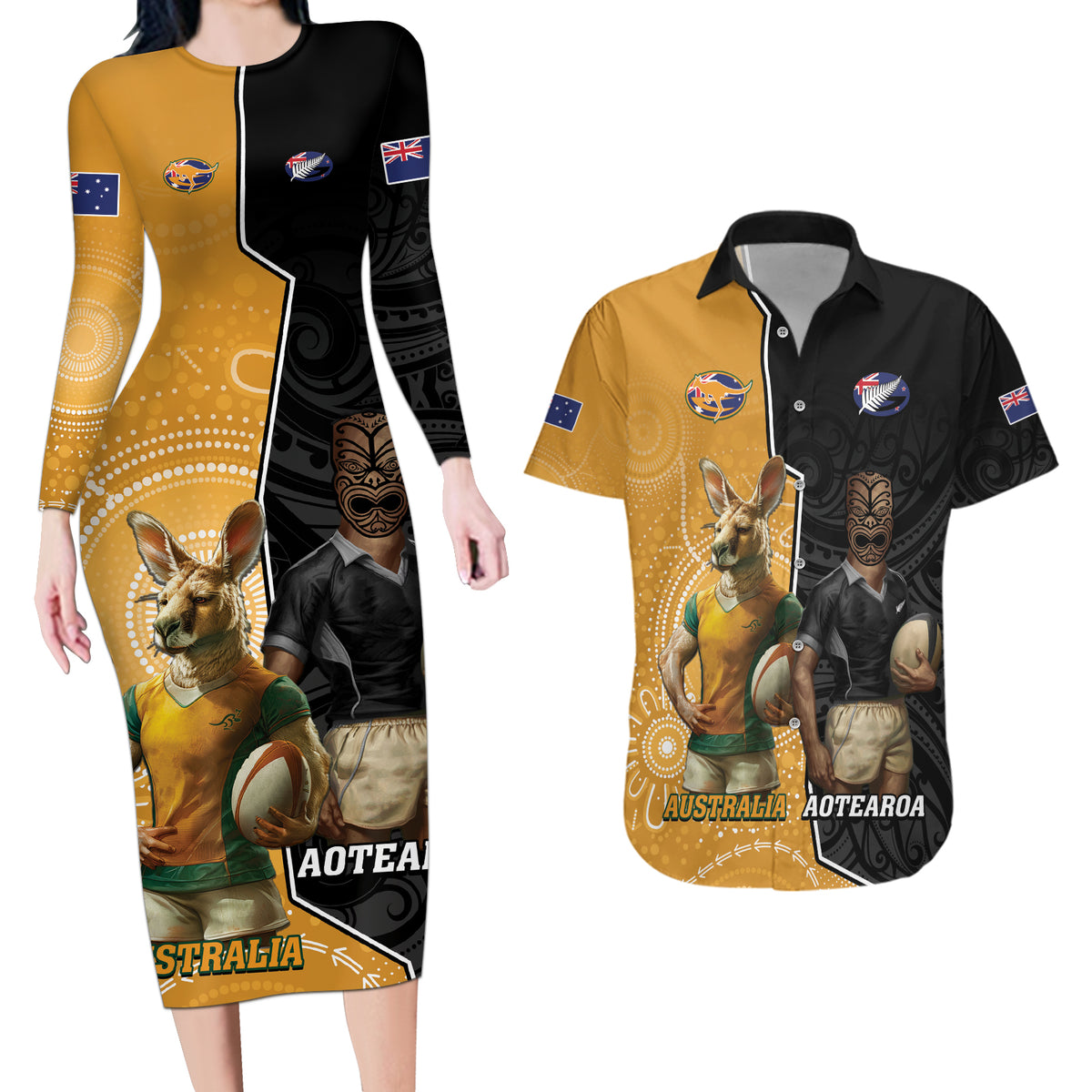 Personalised New Zealand And Australia Rugby Couples Matching Long Sleeve Bodycon Dress and Hawaiian Shirt 2024 All Black Wallabies Mascots Together LT14 Black - Polynesian Pride