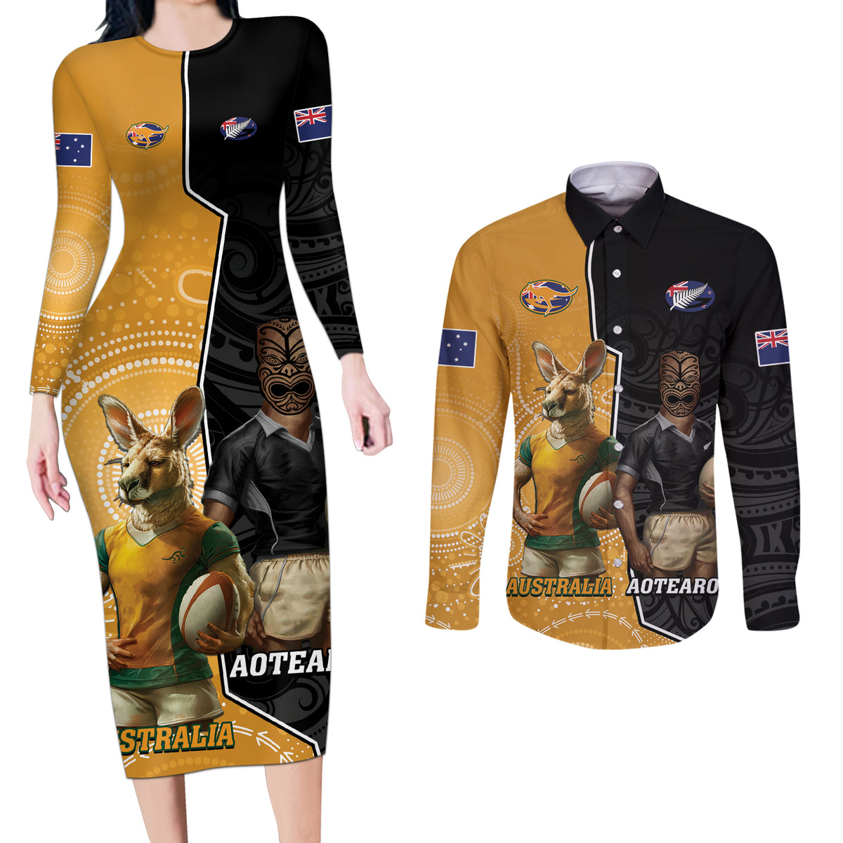Personalised New Zealand And Australia Rugby Couples Matching Long Sleeve Bodycon Dress and Long Sleeve Button Shirt 2024 All Black Wallabies Mascots Together LT14 Black - Polynesian Pride