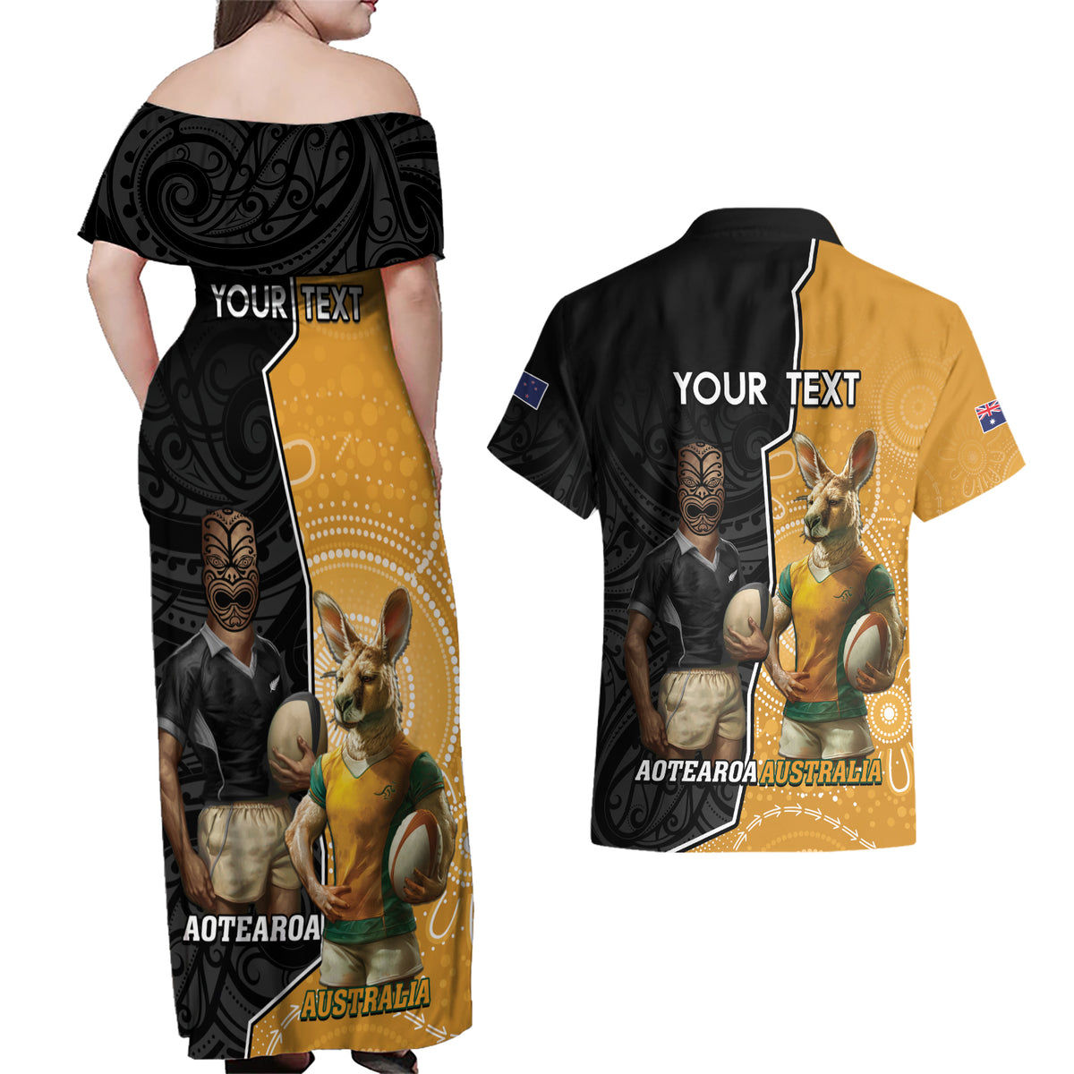 Personalised New Zealand And Australia Rugby Couples Matching Off Shoulder Maxi Dress and Hawaiian Shirt 2024 All Black Wallabies Mascots Together LT14 - Polynesian Pride