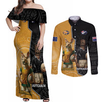 Personalised New Zealand And Australia Rugby Couples Matching Off Shoulder Maxi Dress and Long Sleeve Button Shirt 2024 All Black Wallabies Mascots Together LT14 Black - Polynesian Pride