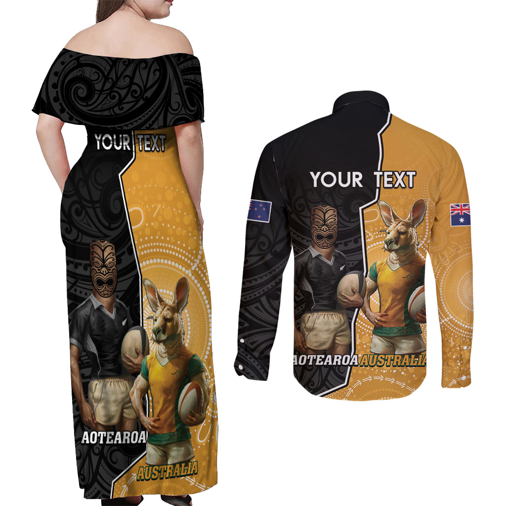 Personalised New Zealand And Australia Rugby Couples Matching Off Shoulder Maxi Dress and Long Sleeve Button Shirt 2024 All Black Wallabies Mascots Together LT14 - Polynesian Pride