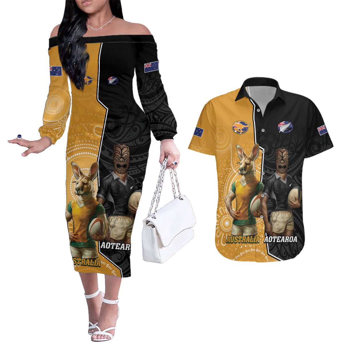 Personalised New Zealand And Australia Rugby Couples Matching Off The Shoulder Long Sleeve Dress and Hawaiian Shirt 2024 All Black Wallabies Mascots Together LT14 Black - Polynesian Pride