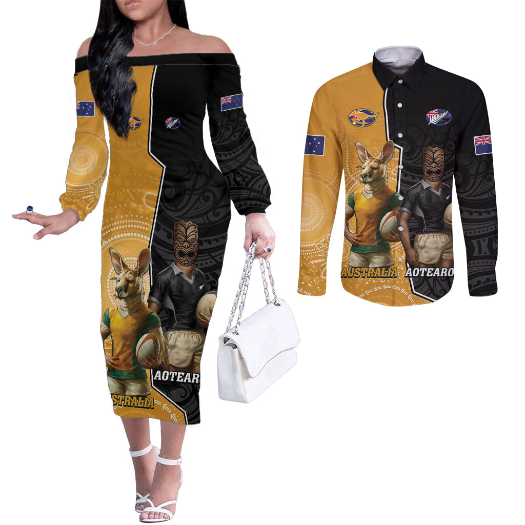 Personalised New Zealand And Australia Rugby Couples Matching Off The Shoulder Long Sleeve Dress and Long Sleeve Button Shirt 2024 All Black Wallabies Mascots Together LT14 Black - Polynesian Pride