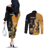 Personalised New Zealand And Australia Rugby Couples Matching Off The Shoulder Long Sleeve Dress and Long Sleeve Button Shirt 2024 All Black Wallabies Mascots Together LT14 - Polynesian Pride