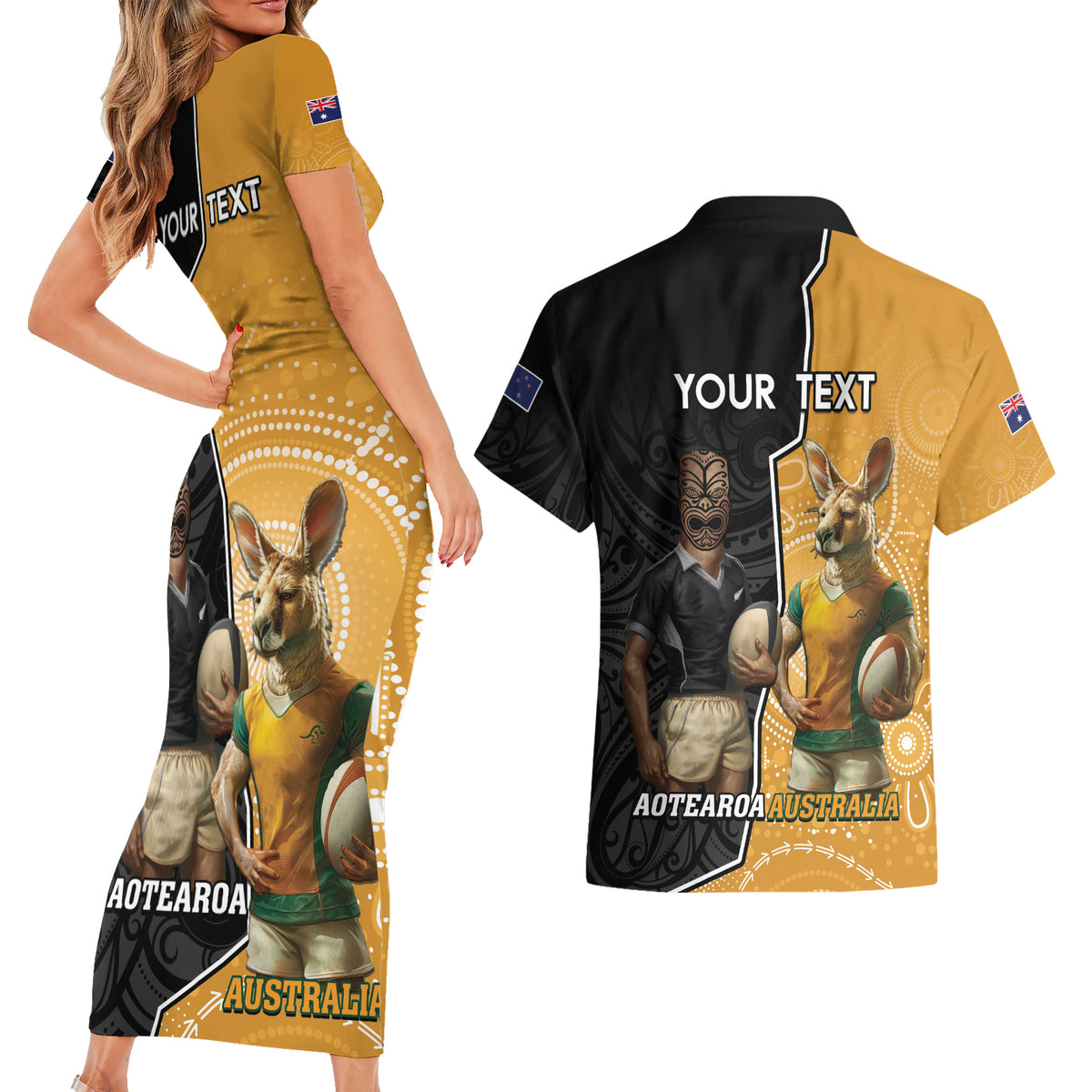 Personalised New Zealand And Australia Rugby Couples Matching Short Sleeve Bodycon Dress and Hawaiian Shirt 2024 All Black Wallabies Mascots Together LT14 - Polynesian Pride