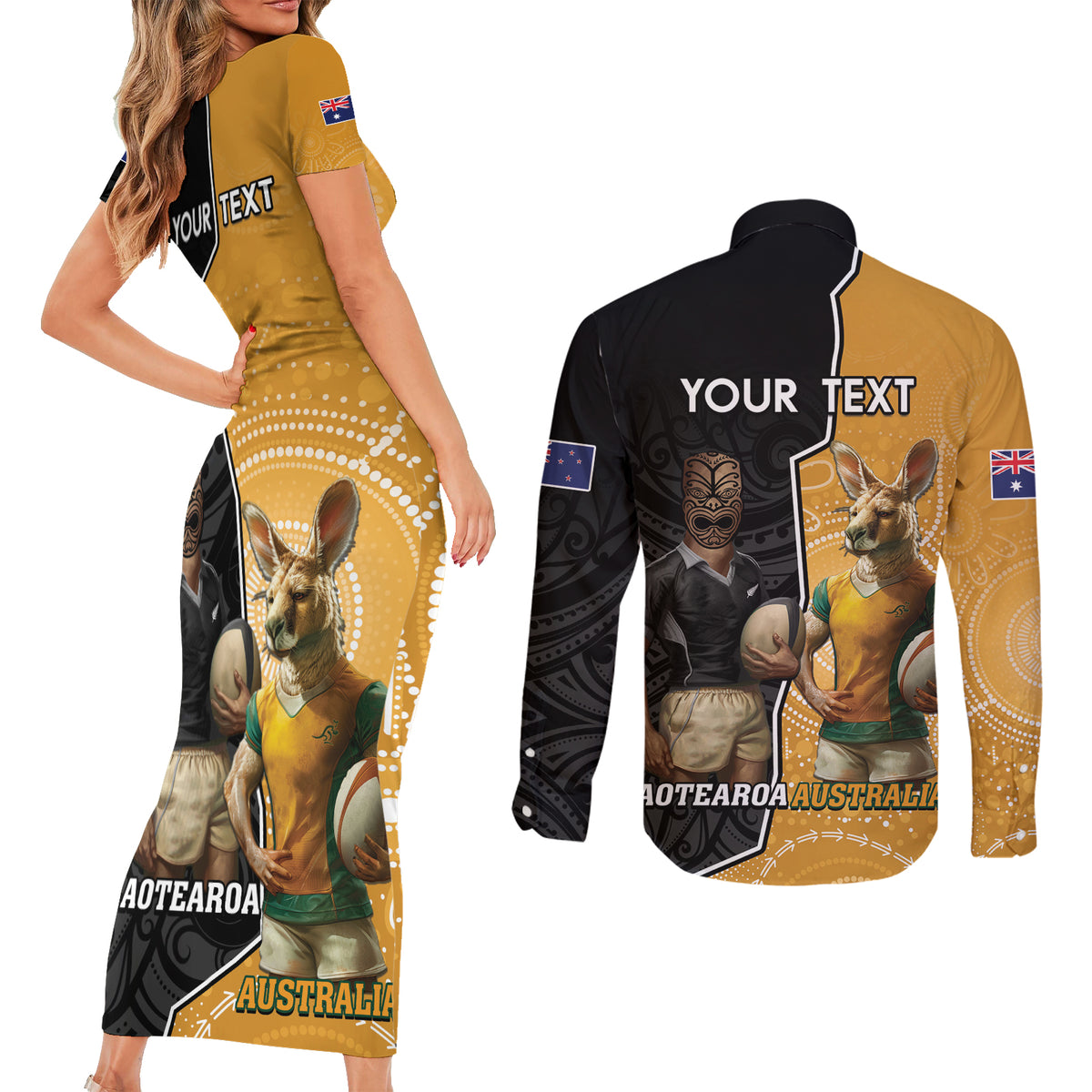Personalised New Zealand And Australia Rugby Couples Matching Short Sleeve Bodycon Dress and Long Sleeve Button Shirt 2024 All Black Wallabies Mascots Together LT14 - Polynesian Pride