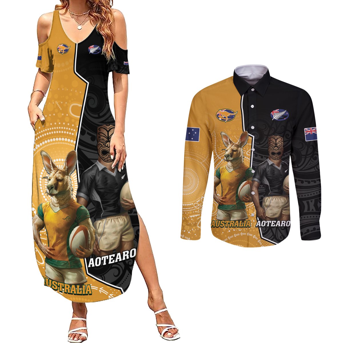 Personalised New Zealand And Australia Rugby Couples Matching Summer Maxi Dress and Long Sleeve Button Shirt 2024 All Black Wallabies Mascots Together LT14 Black - Polynesian Pride
