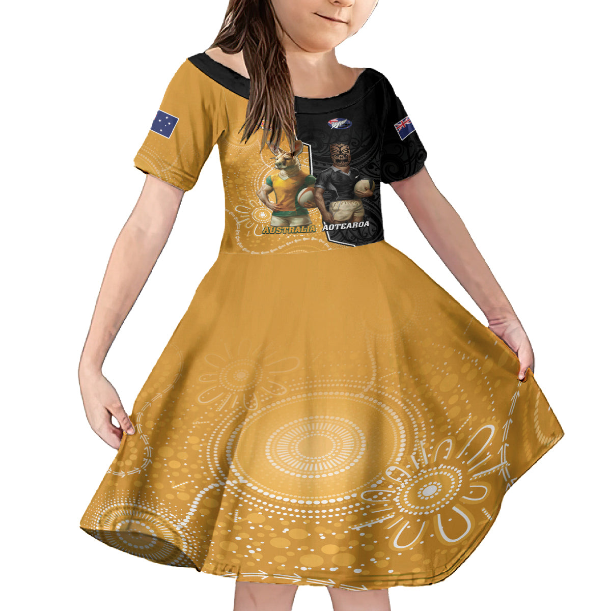 Personalised New Zealand And Australia Rugby Family Matching Long Sleeve Bodycon Dress and Hawaiian Shirt 2024 All Black Wallabies Mascots Together LT14 Daughter's Dress Black - Polynesian Pride