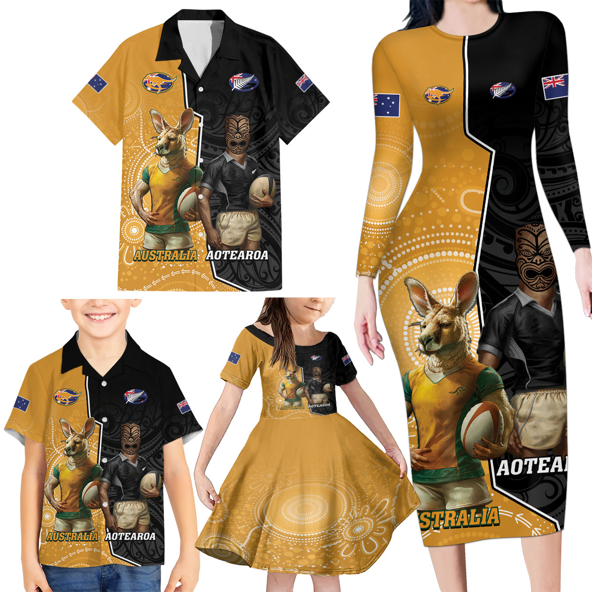 Personalised New Zealand And Australia Rugby Family Matching Long Sleeve Bodycon Dress and Hawaiian Shirt 2024 All Black Wallabies Mascots Together LT14 - Polynesian Pride