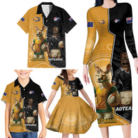 Personalised New Zealand And Australia Rugby Family Matching Long Sleeve Bodycon Dress and Hawaiian Shirt 2024 All Black Wallabies Mascots Together LT14 - Polynesian Pride