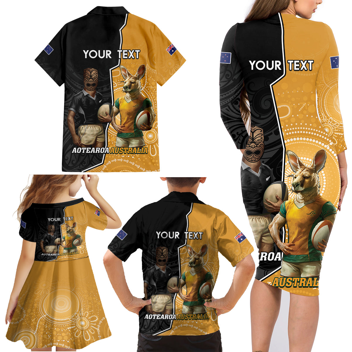 Personalised New Zealand And Australia Rugby Family Matching Long Sleeve Bodycon Dress and Hawaiian Shirt 2024 All Black Wallabies Mascots Together LT14 - Polynesian Pride