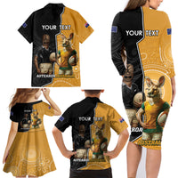 Personalised New Zealand And Australia Rugby Family Matching Long Sleeve Bodycon Dress and Hawaiian Shirt 2024 All Black Wallabies Mascots Together LT14 - Polynesian Pride