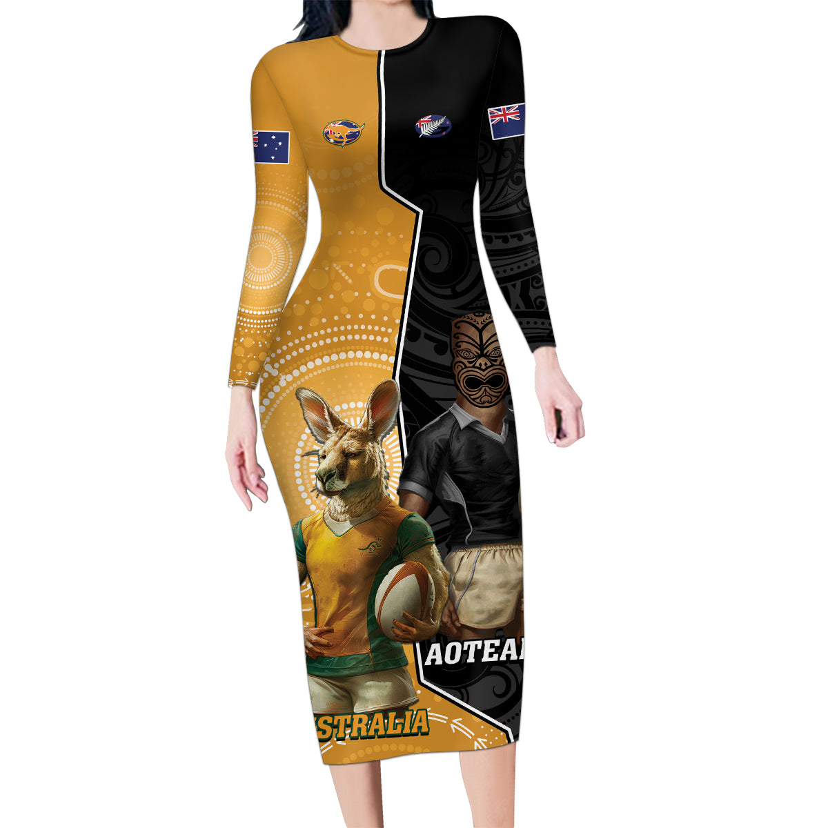 Personalised New Zealand And Australia Rugby Family Matching Long Sleeve Bodycon Dress and Hawaiian Shirt 2024 All Black Wallabies Mascots Together LT14 Mom's Dress Black - Polynesian Pride