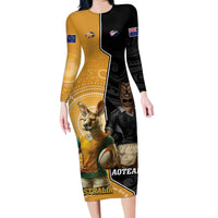Personalised New Zealand And Australia Rugby Family Matching Long Sleeve Bodycon Dress and Hawaiian Shirt 2024 All Black Wallabies Mascots Together LT14 Mom's Dress Black - Polynesian Pride