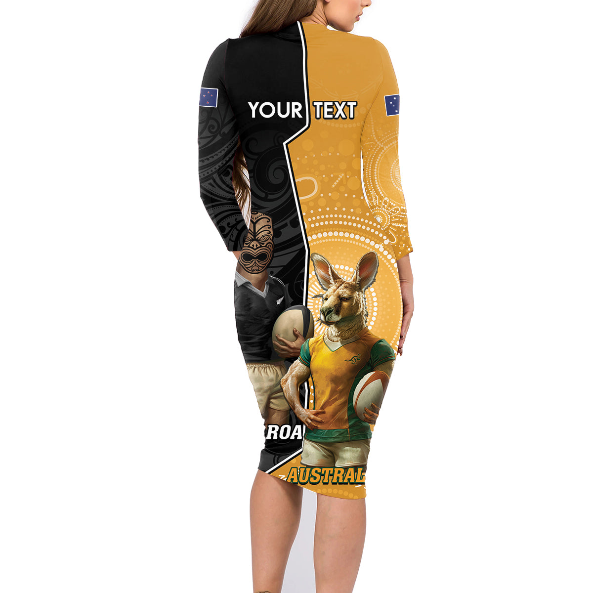 Personalised New Zealand And Australia Rugby Family Matching Long Sleeve Bodycon Dress and Hawaiian Shirt 2024 All Black Wallabies Mascots Together LT14 - Polynesian Pride