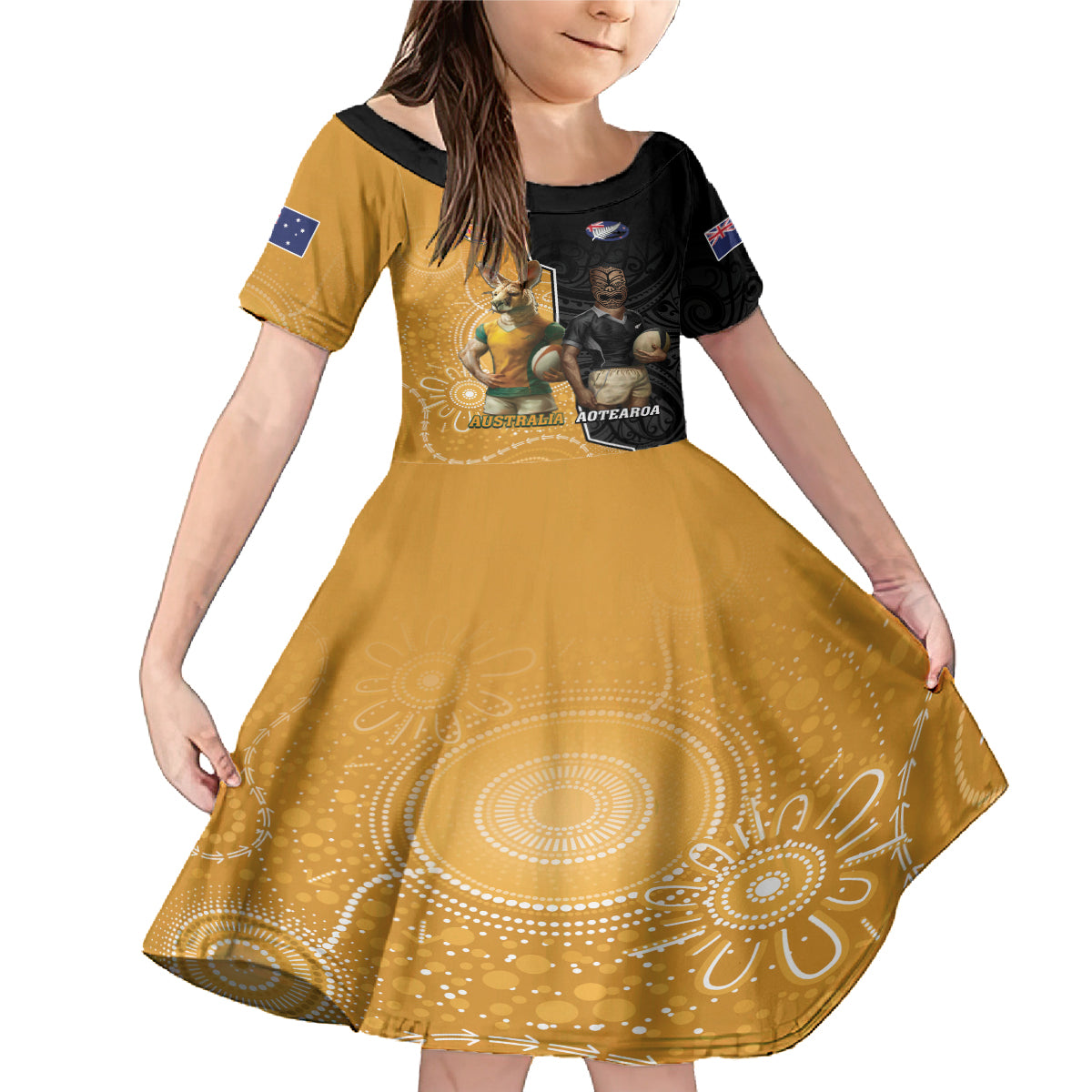 Personalised New Zealand And Australia Rugby Family Matching Mermaid Dress and Hawaiian Shirt 2024 All Black Wallabies Mascots Together LT14 Daughter's Dress Black - Polynesian Pride
