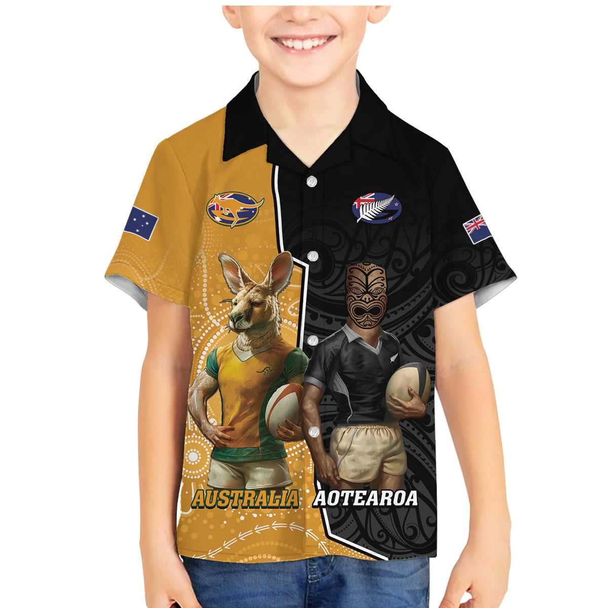 Personalised New Zealand And Australia Rugby Family Matching Mermaid Dress and Hawaiian Shirt 2024 All Black Wallabies Mascots Together LT14 Son's Shirt Black - Polynesian Pride