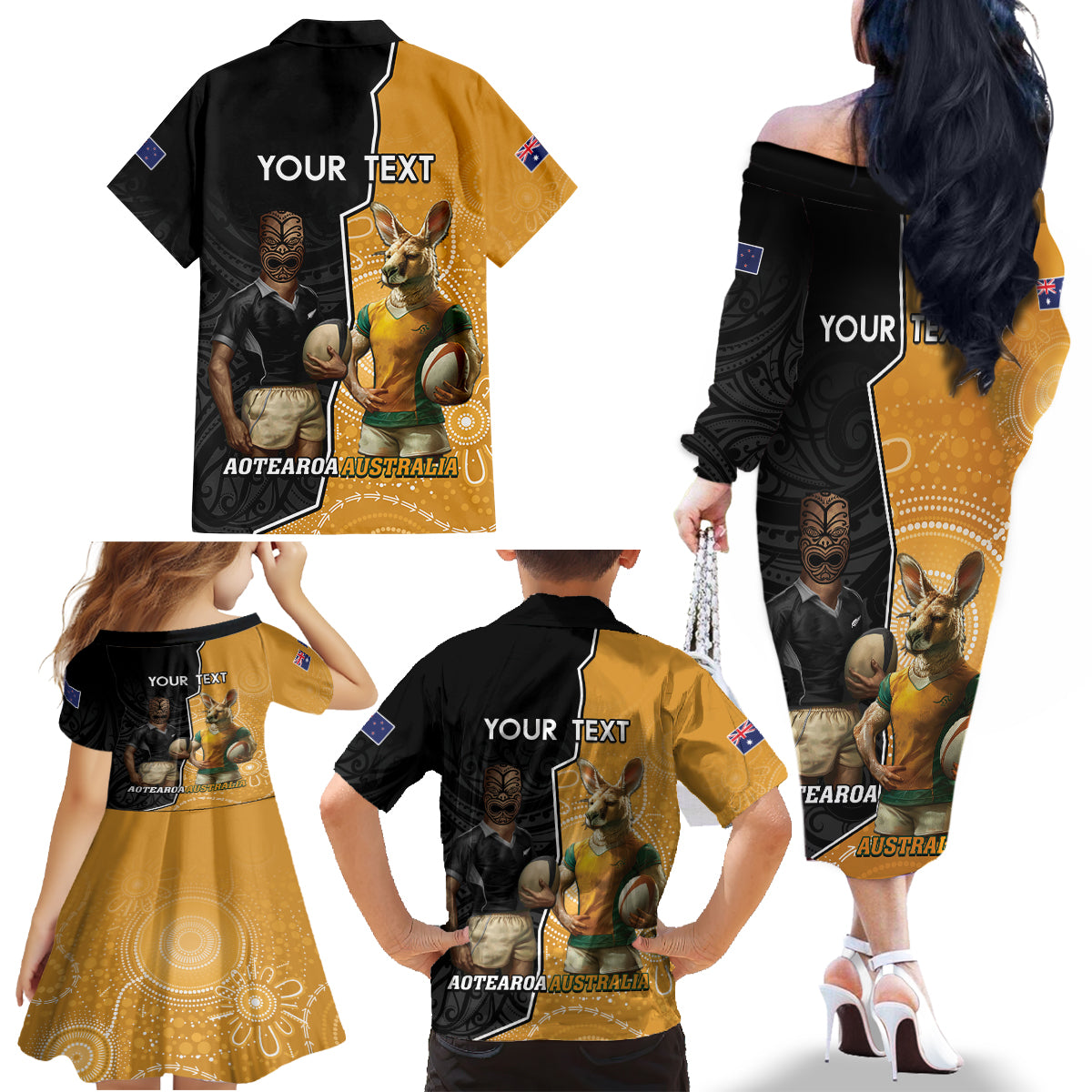 Personalised New Zealand And Australia Rugby Family Matching Off The Shoulder Long Sleeve Dress and Hawaiian Shirt 2024 All Black Wallabies Mascots Together LT14 - Polynesian Pride